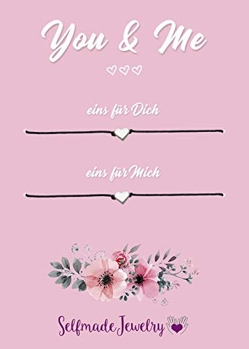 Selfmade Jewelry Armbänder Damen Silber Herz 2er Set Makramee Armbändchen mit Herzchen Handgemacht Inkl. Geschenk-Karte (Silber - Schwarz)