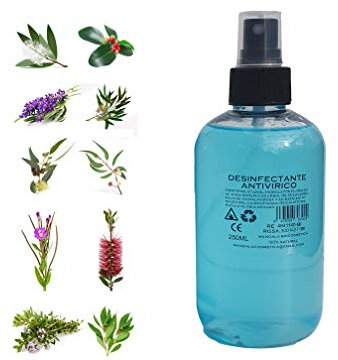 SPRAY ANTIVIRICO DESINFECTANTE 250ML 100% Natural 10 Aceites Esenciales. Limpiador Hidroalcohólico, piel, mascarillas, textil, superficies y aparatología