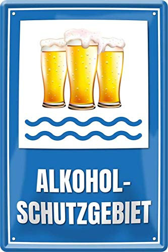 WOGEKA ART Retro Blechschild - Alkohol-Schutzgebiet Bier - witziger Spruch als Geschenk-Idee zum Geburtstag Weihnachten zur Dekoration 20x30 cm Vintage-Design aus Metall 2254
