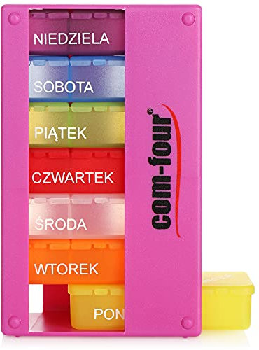 COM-FOUR® Medikamentendosierer auf POLNISCH - Medikamenten-Box für 7 Tage - 3 Fächer - Pillendose - Pillenbox - Tablettenbox - Wochendosierer zur Aufbewahrung [POLNISCH] (Lila)