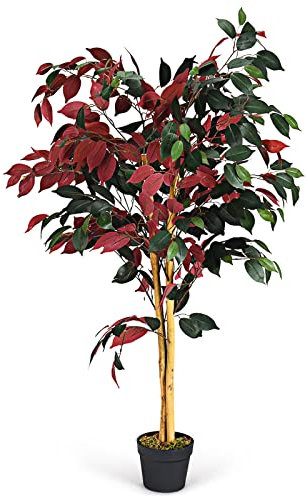 GOPLUS Plante Artificielle en Pot Hauteur 150CM, Art Faux Bonsaï Décoration en Plastique, Simulation Décorations Paysager à Intérieur ou Extérieur (Ficus Rouge)