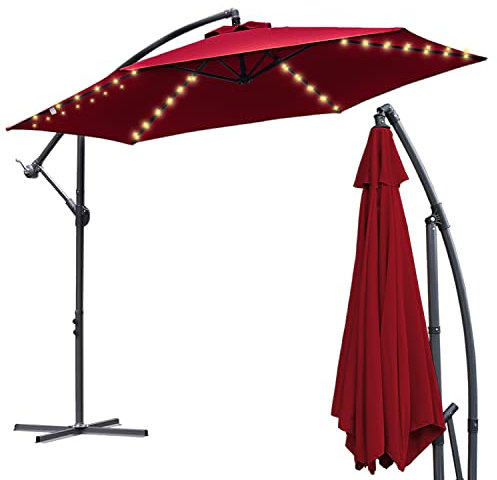 Yakimz Sombrilla de aluminio para terraza con luz LED, solar, jardín, gazebo, altura regulable, plegable, protección UV 30+, rojo, 3.5 meses