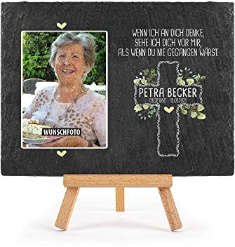 Schieferplatte selbst gestalten - Gedenktafel mit Foto, Name & Datum bedrucken - Ich denke an dich - Grabtafel, Grabschmuck - Schiefertafel mit Staffelei, 15x20 cm I Personalisierte Erinnerung