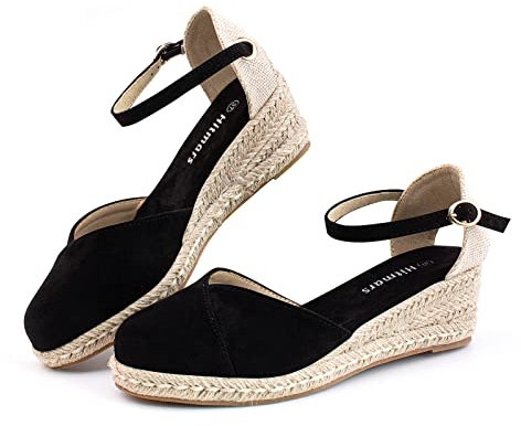 Womens Sandals Ladies Wide Fit Closed Toe Mid Heel Espadrille Wedge Sandals Strappy Party Shoes Comfortable Wedding Ankle Strap Black UK Size 6