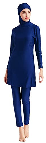 Muslim Swimsuits for Women Modest Swimsuit 3 Pieces Full Cover Long Sleeve Swimming Top Hijab Pants Burkini Solid Color Islamic Swimming Costume Plus Size Beachwear Navy Blue S