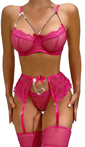Aranmei Sexy Femme Ensemble Lingerie Jarretière avec Porte Jarretelles Dentelle Soutien-Gorge et Culotte Ensemble,Rose Rouge,XL