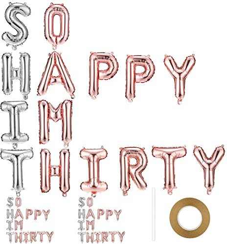 2 Set di Palloncini di Lettere So Happy Im Thirty Palloncini per il 30° Compleanno Decorazioni per Festa Palloncini Foil con Cannuccia Nastro Regali per Donna Uomo, Oro Rosa e Argento