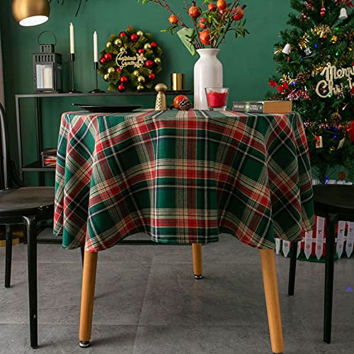 Nappe ronde de 150 cm en polyester et coton résistant à la poussière, aux taches, lavable, pour Noël, Nouvel An, intérieur et extérieur, motif à carreaux - Rouge et vert