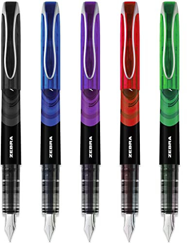 Zebra Fuente - Disposable Fountain Pen - Black, Blue, Red, Green, & Violet Ink - Pack of 5