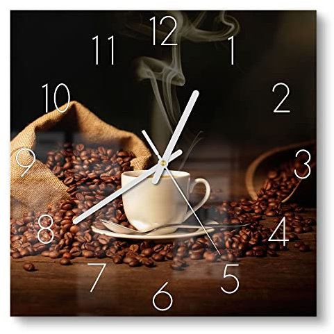 DEQORI Glasuhr | 30x30 cm | Motiv Kaffeetasse mit Bohnen | ausgefallene leise Design Uhr aus Glas | Wanduhr für Wohnzimmer & Küche | Moderne Hingucker Uhr für die Wand