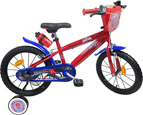 Kubbinga Unisex – Erwachsene Biciletta Per Bambini Pollici 16 Zoll Spiderman Kinderfahrrad 4-6 Jahre mit Seitenstabilisatoren, Rot und Blau