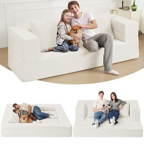 Cansunna Faltbarer Sitzsack für Erwachsene, 3-in-1-Sitzsack, Couch, Kunstfell-Bodensofa, großer Sitzsack, umwandelbarer Sitzsack, Schlafsofa mit Kissen, Schlafzimmer, Wohnzimmer (groß, Milchweiß)
