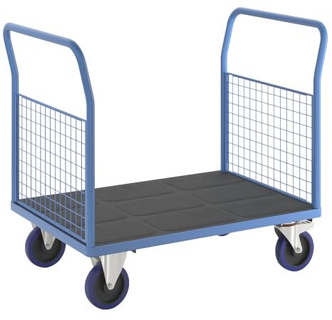 eurokraft | pro | Plattformwagen mit Gitterwänden | Vollelastik-Rollen | 2 hohe Gitter-Stirnwände | LxB 1150 x 800 mm