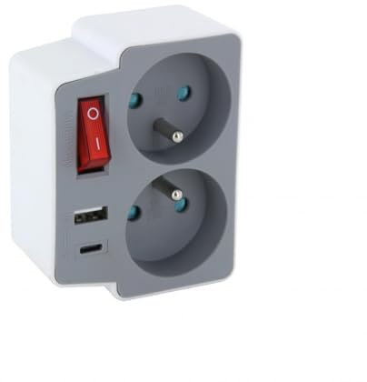 Biplite Domino 2X16A + 1xUSB-A + 1xUSB-C avec interrupteur gris/blanc