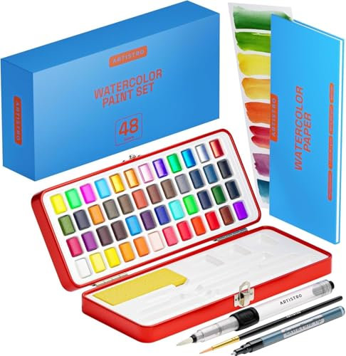 ARTISTRO Aquarellfarben Set 48 Farben in Tragbarer Box, Inklusive Metallic- und Fluoreszenzfarben, 2x Pinsel, Aquarellpapier, Acrylstifte, Aquarell für Reisen, Wasserfarben für Künstler und Hobbymaler