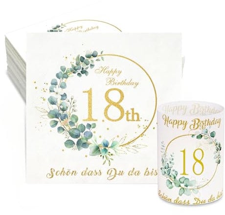32 Eukalyptus Servietten 18. Geburtstag+8 Windlicht Tischdeko 18 Geburtstag Schön DASS Du Da Bist Deko 18. Geburtstag Junge Mädchen Geburtstag Windlichter Servietten Happy Birthday Tischdeko
