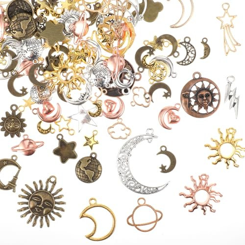 100g Antik-Silber Sonne Mond Sterne,Armband Anhänger Silber,Tibetische Silber-Charms,Metallanhänger In Form von Mond Sternen und Galaxien zur Schmuckherstellung für Schlüsselanhänger,Armbänder