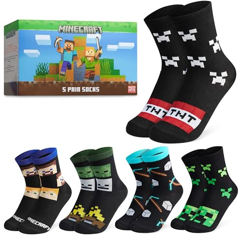 Minecraft Chaussette Enfant Garçon Mi-mollet, Paquet Multiple - Cadeau Gamer (Paquet de 5 - Noir/Multi, 37/40 EU)