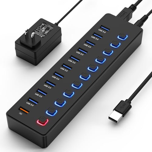 Hub USB alimenté, hub USB C, répartiteur de hub à 11 ports, 10 ports USB 3.0 de transfert de données + 1 port de charge intelligent, interrupteur non encastré (avec