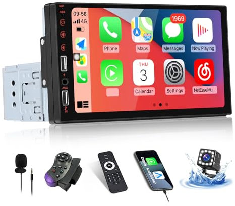 SIXWIN 1 Din CarPlay&Android Auto Autoradio, Touchscreen 7 Zoll, mit Bluetooth5.1/FM Radio/EQ/USB/AUX/Mirror Link(Android/IOS)+Externes Mikrofon+Rückfahrkamera