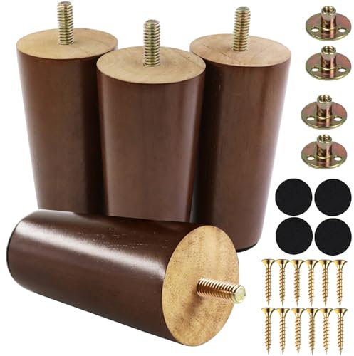 Yaliuliu Lot de 4 pieds de meubles ronds en bois massif de 10,2 cm, pieds de rechange en bois marron avec boulons de suspension filetés de 1,6 cm pour canapé, fauteuil, armoire, meuble TV, ottomane et