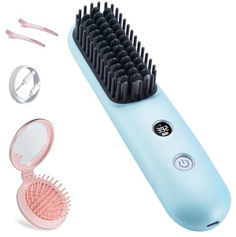 STUDLLY, Cordless Hair Straightener Brush, Portable Mini for Travel Negative Ionic, Hot Comb for Women Touch-ups, Folding Brush with Mirror, Blue