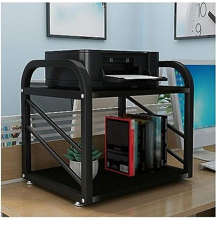 Regal für Drucker, 2-stöckiger Druckerständer Aus Holz, Kleines Druckerregal, Fester Metallrahmen, Desktop-Regal Für Büro-Faxgerät, Scanner-Halterung Beistelltisch Regal für Drucker(Black)