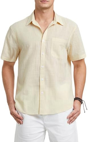 HISDERN Beige Shirt for Men Casual Short Sleeve Cotton Linen Shirts Button Down Regular Fit Solid Shirt with Pocket L