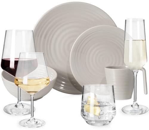 Melamin Camping Geschirr Set 4 Personen Coffee Design 16 Teilig + 16 Milano Gläser Wassergläser Weingläser Champagner-Gläser Flûtes Tafelgeschirr Picknick BBQ Kochgeschirr