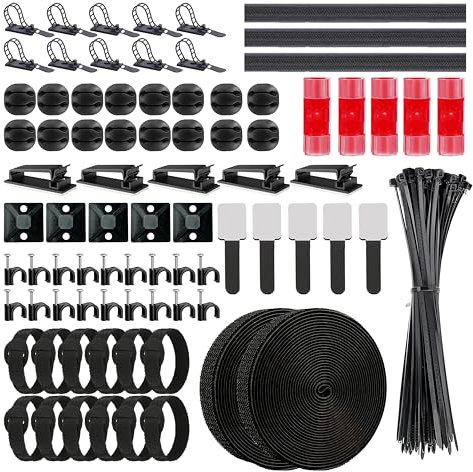 ARMIZ 250PCS Cable Management Kit, 2 Roll Tape, 3 Cable Sleeves,5 Cable Holders,10 Zip Tie Mounts,40 Cable Straps, 60 Cable Clips, & 130 Cable Fastening Ties for TV, PC and office cable management