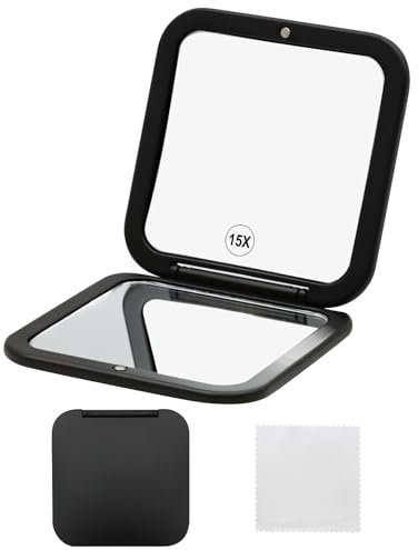 VEGCOO 15X Grossissant Miroir de Poche Pliable, Petit Miroir de Poche, Miroir Grossissant de Voyage, Miroir Grossissant de Poche, Double Face Grossissement 15X et Miroir 1X, Carré 8 cm (Noir)