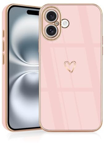 JRIANY for iPhone 16 Case, Protective Flexible Silicone Case with Cute Design Love Heart Pattern Shockproof Bumper Cover Compatible with Apple iPhone 16 6.1-Inch - Pink