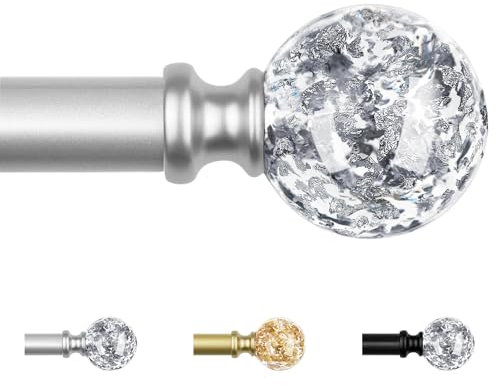 KAMANINA Gardinenstange Silber 80 to 365 CM, Dekorative Ausziehbar Vorhangstange für Fenster, Vorhangstangen mit Durchsichtigen Round Bling Endstück