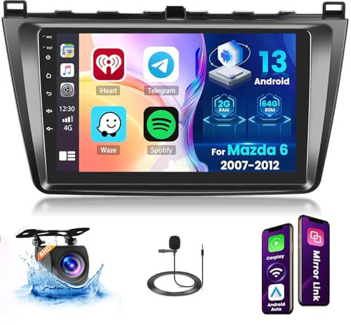 Ohradio 2G+64G 2DIN Android 15 Radio für Mazda 6 2007-2012 mit 9 Zoll Toucshcreen, Autoradio mit Wireless Carplay Android Auto Radio FM/RDS BT GPS WiFi + Rückfahrkamera + MIC