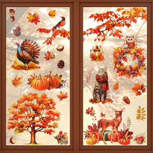 HYran Fensterbilder Herbst, 9 Blatt Herbstdeko Fenster Aufkleber, Fensterdeko Herbst, Herbstlichen Fensteraufkleber, Thanksgiving Herbstdeko Fenster Aufkleber für Kinderzimmer Cafe