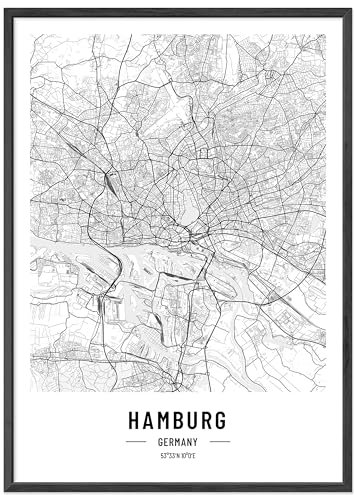 JUNOMI® Hamburg Poster 50x70 cm mit Rahmen Schwarz, Wohnzimmer Deko, Modernes Wandbild, Hamburg Bild, Wandbild mit Rahmen, Stadtplan Poster Hamburg, perfekte Geschenkidee für Hamburger