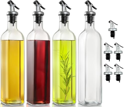 gmisun Essig Und Ölflaschen Set, 4 Packungen Glas Klar Ölflasche, 500ml Olivenöl Flasche, Ölspender Mit 4 Ausgussstopfen, Glas Ölflasche Mit Ausgießer Für Küche, Kochen, Salate und Grillen Geeignet