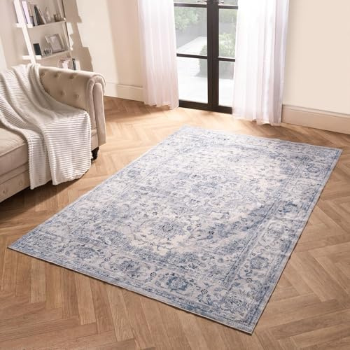 OHS Rug Living Room, Vintage Printed Washable Rug Soft Durable Material Decorative Vintage-Inspired Design Stylish Bedroom Rugs - Blue, 80 x 150cm