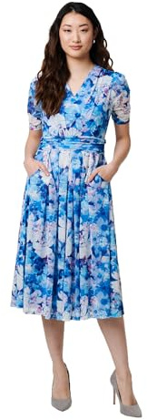 Izabel London Floral Mesh Pleated Faux Wrap Midi Dress for Women UK with a v-Neck, 3/4 Sleeves and a Faux wrap.