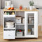 Kebnor 112×46(69)×91cm, carro isla de cocina plegable, chapa de roble, botellero, carrito grande con puertas correderas de vidrio templado y estantes ajustables (blanco)