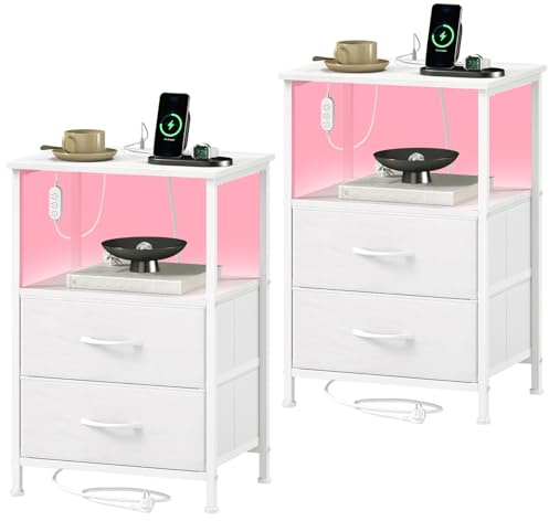 Somdot Nachttisch Schlafzimmer, Steckdose, 2 Schubladen, 2er-Set, Weiß | Nachtkästchen Nachtschrank, Stoffschubladen, LED & 2 Steckdosen, 1 USB-A & C, offene Fächer, Wohnzimmer, 30T x 40B x 60H