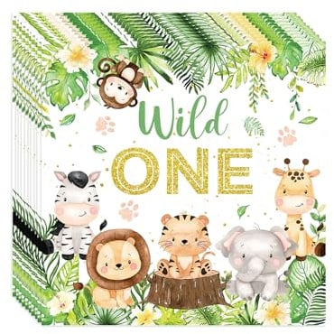 Yuannee Servietten Kindergeburtstag,20 PCS Servietten Dschungel Wild One Geburtstag Deko Servietten Servietten Dschungel Party Motiv Tiere für Waldtiere Geburtstag Party 16.5x16.5cm