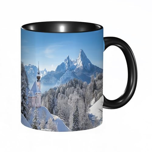 HRRASFAZF Tasse Kaffeetassen,Große 330ml Mit Henkel 100% Handbemalt kaffeebecher porzellan,Winter, schneebedeckte bayerische Alpen mit Maria Gern mit berühmten Watzmann Fe,Frauen,Jahrestag,Muttertag