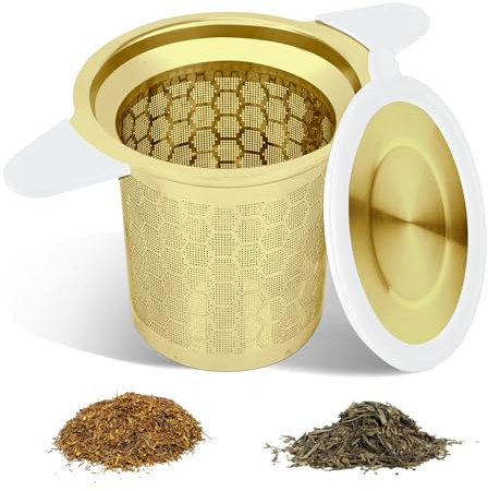 Tea Infuser for Loose Leaf Tea, Extra Fine Mesh Loose Leaf Tea Strainer with Silicone Lid & Handle - Large Capacity Tea Filter for Mug, Cup - Ideal for Black, Green, Earl Grey (Gold)