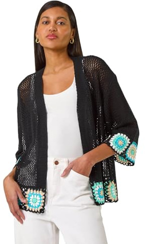 Roman Originals Edge Crochet Hem Knit Cardigan for Women UK - Ladies Everyday Holiday Spring Summer Comfy Soft Evening Vacation Work Party - Black - Size 16
