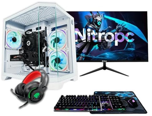 NitroPC - Silver Pack | Komplett-PC Gaming (AMD Ryzen 5 5500 6/12 4.2GHz, RTX 3050 6GB, RAM 16GB, M.2 1TB, Windows 11 | WiFi, 24 Monitor, Tastatur, Maus, Kopfhörer) Desktop-PC (Weiß)