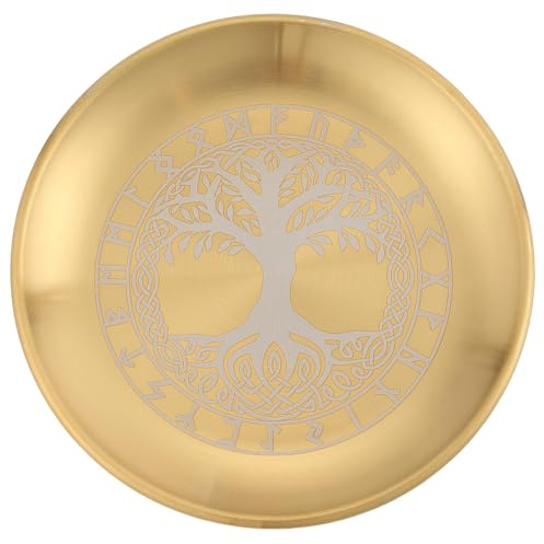 CREATCABIN Plato Ritual de Altar del Árbol de la Vida Cuenco Plano de Acero Inoxidable Bandeja Redonda Dorada Cuenco para Ofrendas de Oración Portavelas para Purificar Incienso Quemador de Joyas 14cm