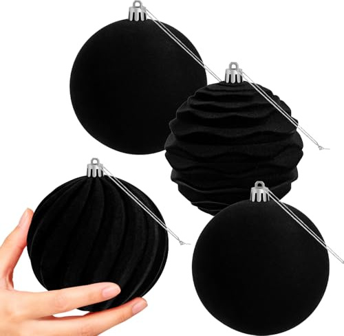 Miaikoe 4 PCS Large Velvet Christmas Balls Ornaments Shatterproof Hanging Set Flocked for Xmas Tree Holiday Party Decorations (Black,10 CM)