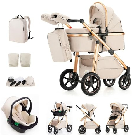 Kakbgee 3-in-1 Kinderwagen mit Babyschale, Buggy Höhenverstellbarem Griff | Klappbar Kombi-Kinderwagen | Reisebuggy mit Aluminium-Rahmen | Moskitonetz | für Neugeborene 0-4 Jahr