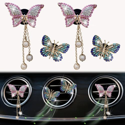 Bling Butterfly Lüftungsschlitz-Clips, Kristall-Schmetterling, Auto-Dekoration, 4 Stück Pandent Auto-Lufterfrischer, Lüftungs-Clip-Diffusoren